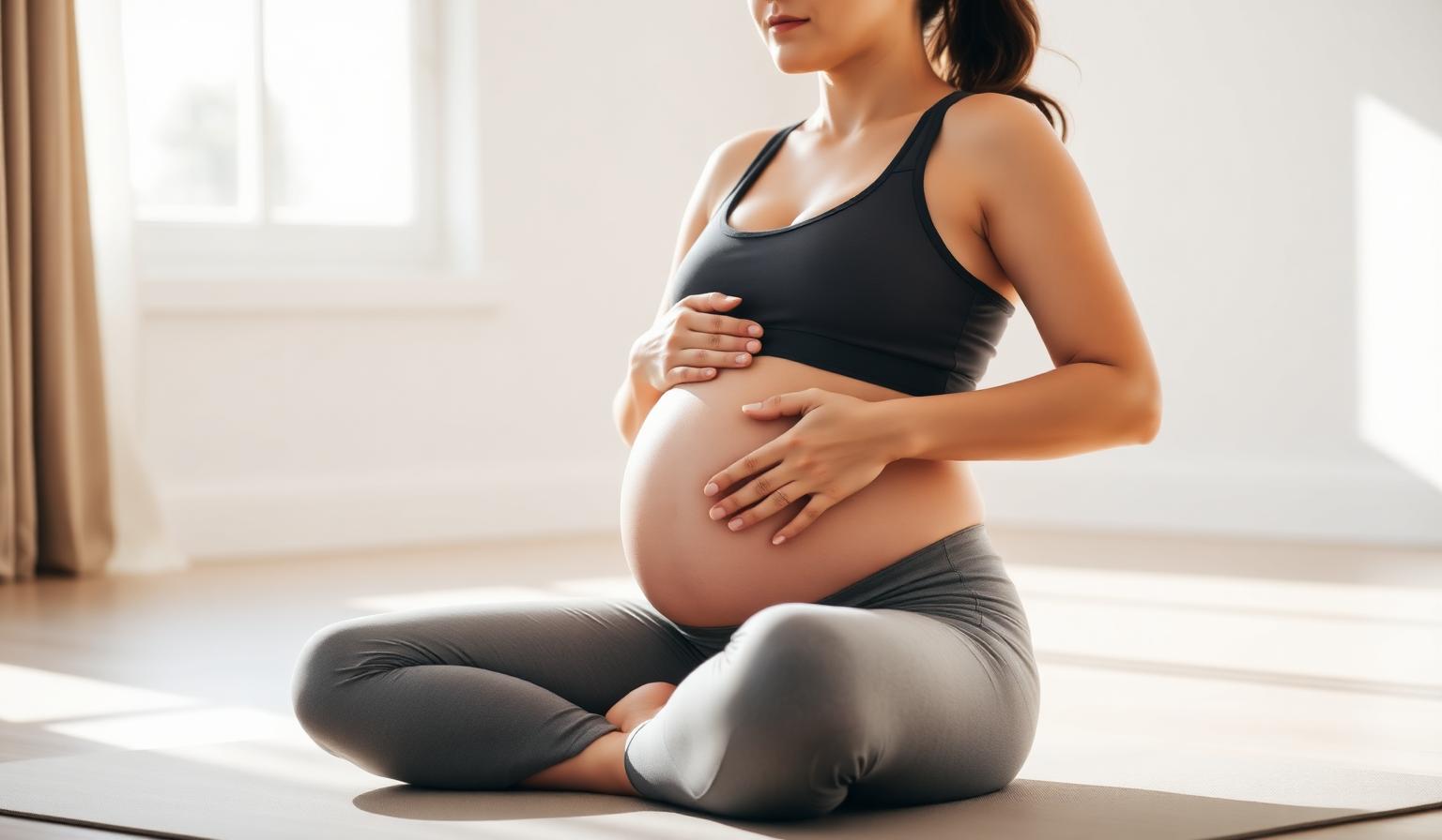 A postpartum woman in athletic wear sitting on a yoga mat in a calm, sunlit room