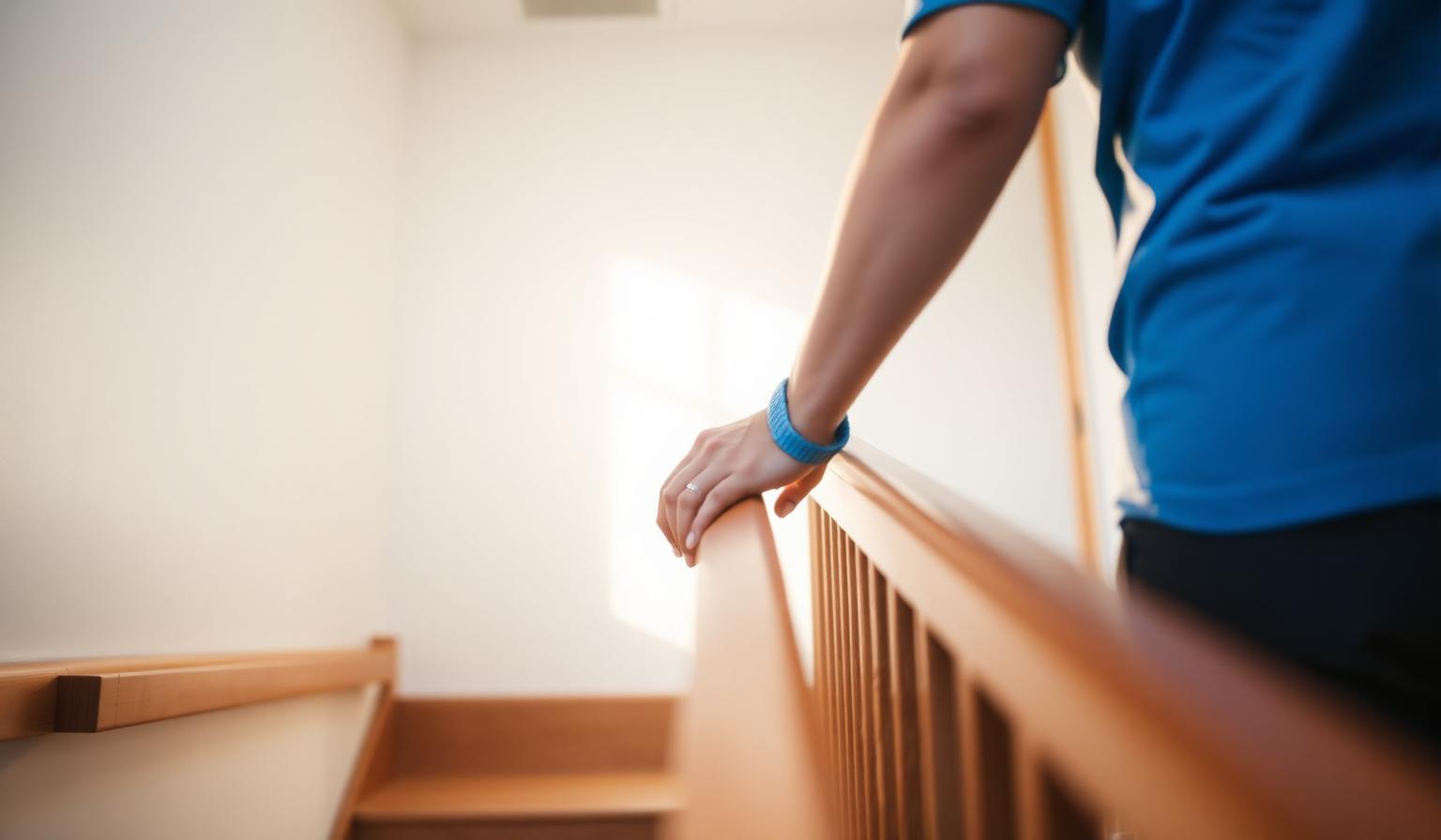 Person resting one hand on a wooden banister while descending a sunlit staircase